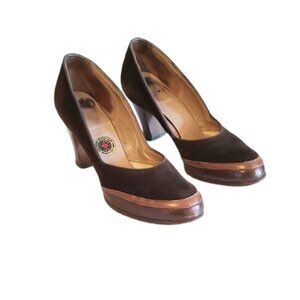 1950s Vintage Brown Suede And Leather Rounded Toe High Heel Shoes Chunky Heel